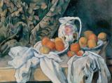 Still Life with a Curtain (1895) illustrates Cézanne's increasing trend towards terse compression of forms and dynamic tension between geometric figures.