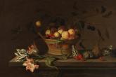 Натюрморт с кошница плодове, раковини и гущер от немския художник Джейкъб Марел