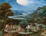 „Панорамен пейзаж с пристанищен град, Самсон, който се бие с лъв на преден план“ от Ханс Бол (1534-1593)